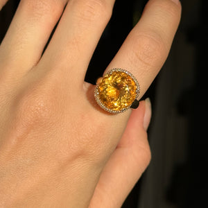 Estate 14KT Yellow Gold Round Citrine Diamond Halo Ring