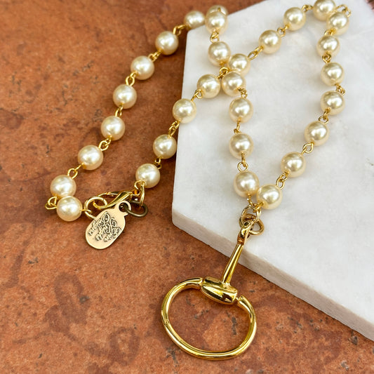 Yellow Gold-Plated Round Pearl Bead Link Horse Bit Dangle Necklace