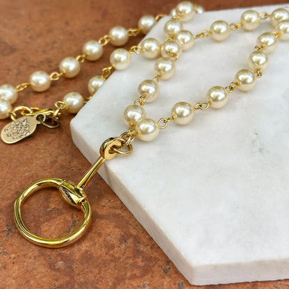 Yellow Gold-Plated Round Pearl Bead Link Horse Bit Dangle Necklace