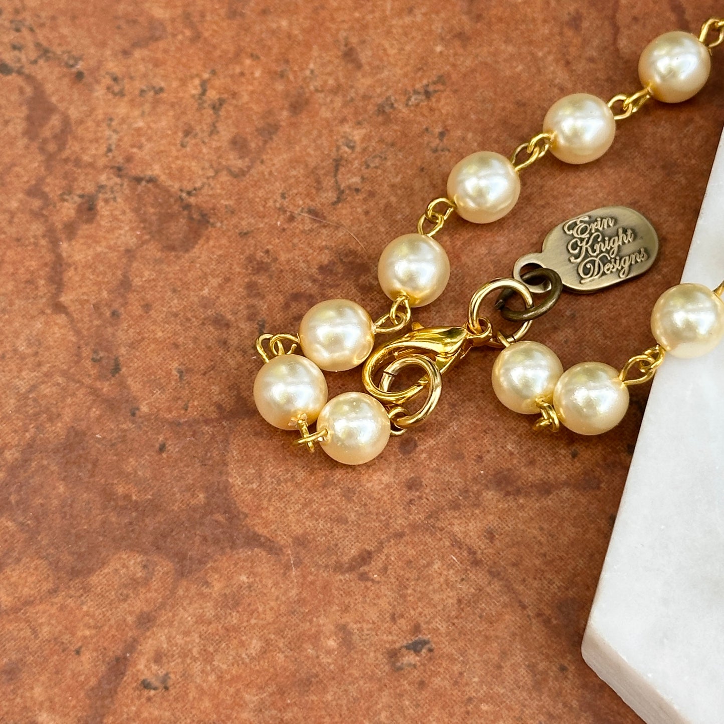 Yellow Gold-Plated Round Pearl Bead Link Horse Bit Dangle Necklace