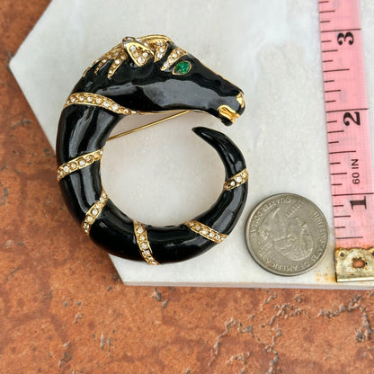 Estate Yellow Tone Black Enamel Horse Pin/Brooch + White Stones and Green Stone Eyes