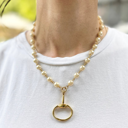 Yellow Gold-Plated Round Pearl Bead Link Horse Bit Dangle Necklace