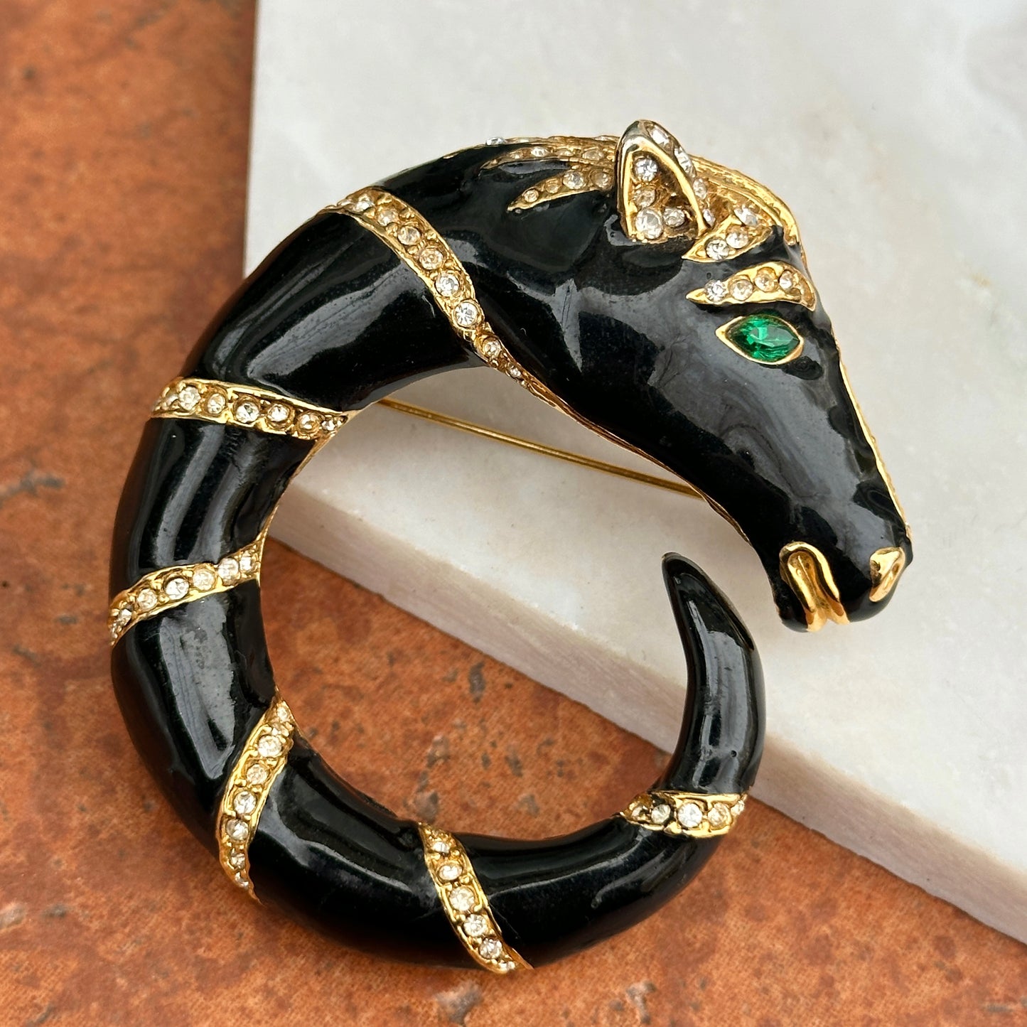 Estate Yellow Tone Black Enamel Horse Pin/Brooch + White Stones and Green Stone Eyes