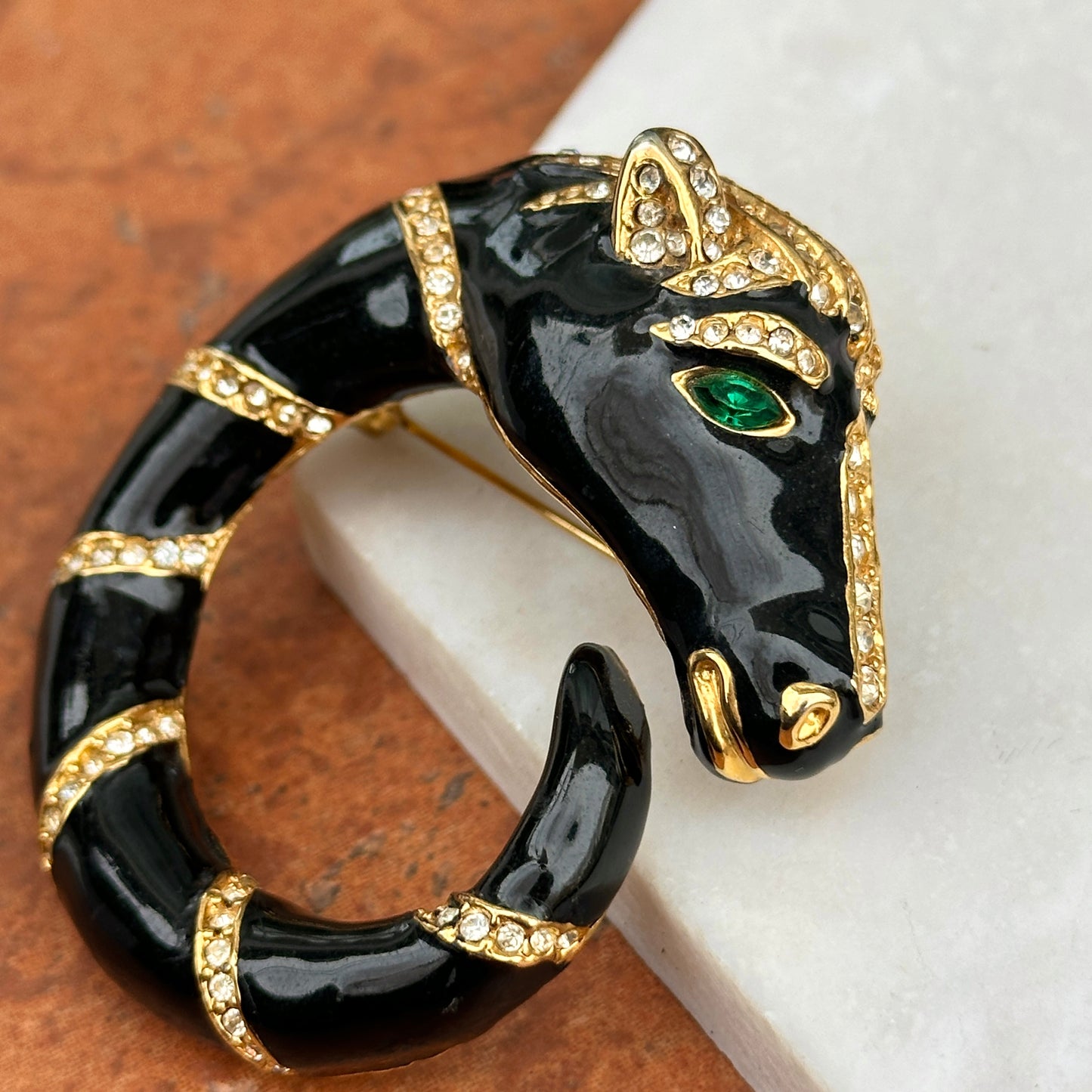Estate Yellow Tone Black Enamel Horse Pin/Brooch + White Stones and Green Stone Eyes
