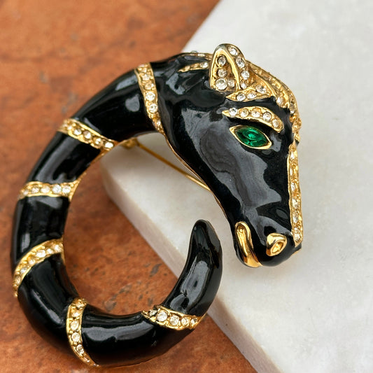 Estate Yellow Tone Black Enamel Horse Pin/Brooch + White Stones and Green Stone Eyes - LSJ