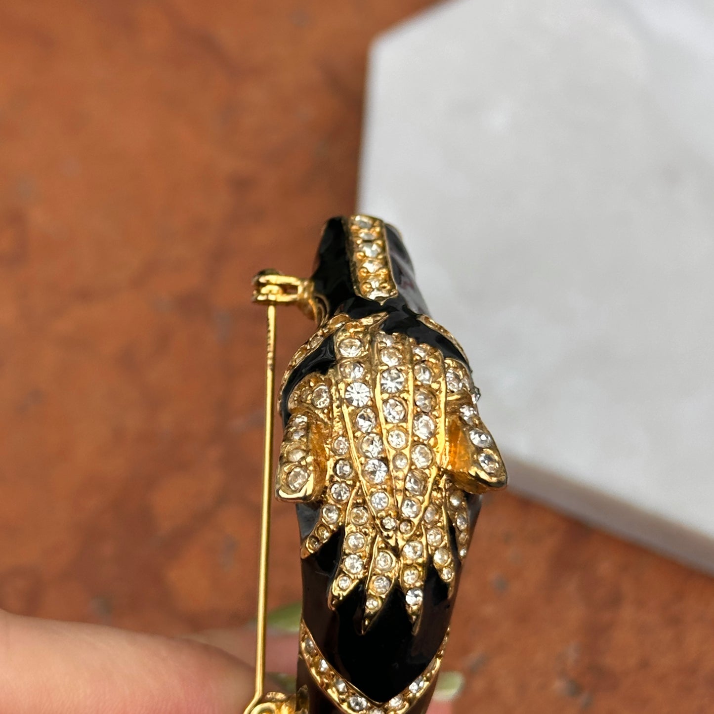 Estate Yellow Tone Black Enamel Horse Pin/Brooch + White Stones and Green Stone Eyes