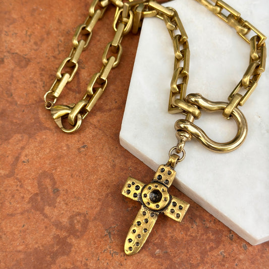 Yellow-Tone Link Cross + Shackle Dangle Necklace