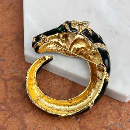 Estate Yellow Tone Black Enamel Horse Pin/Brooch + White Stones and Green Stone Eyes