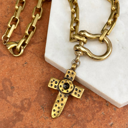 Yellow-Tone Link Cross + Shackle Dangle Necklace