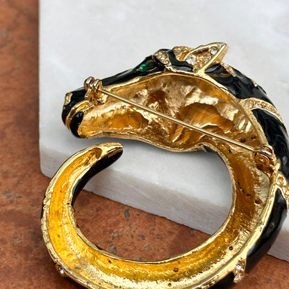 Estate Yellow Tone Black Enamel Horse Pin/Brooch + White Stones and Green Stone Eyes