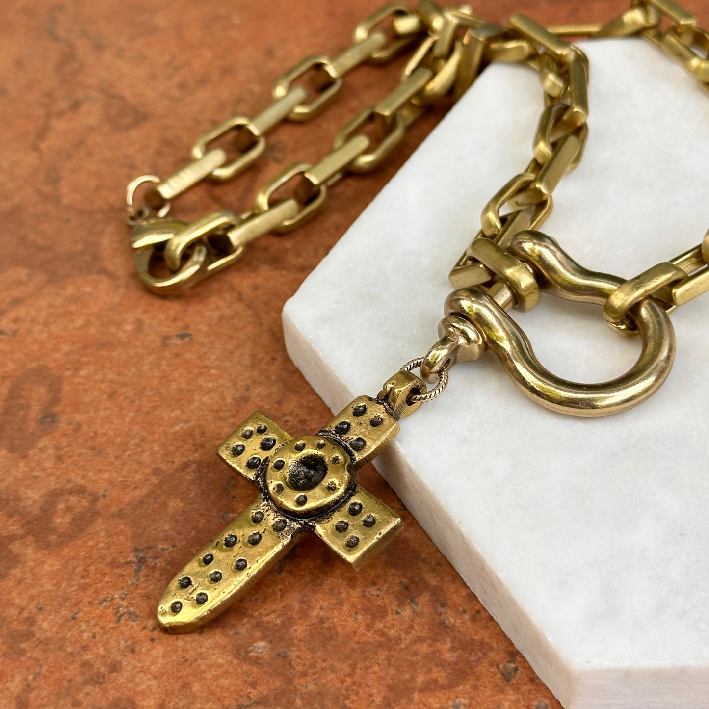 Yellow-Tone Link Cross + Shackle Dangle Necklace