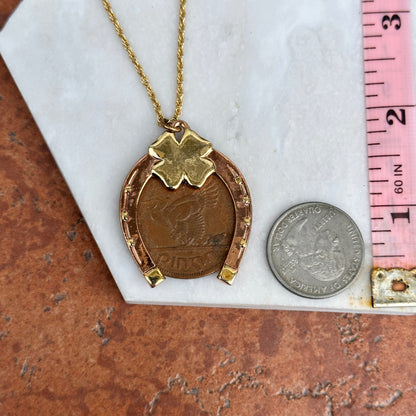 Copper Horseshoe and 4 Leaf Clover with 1964 Erie Harp Hen Irish Coin Necklace - LSJ