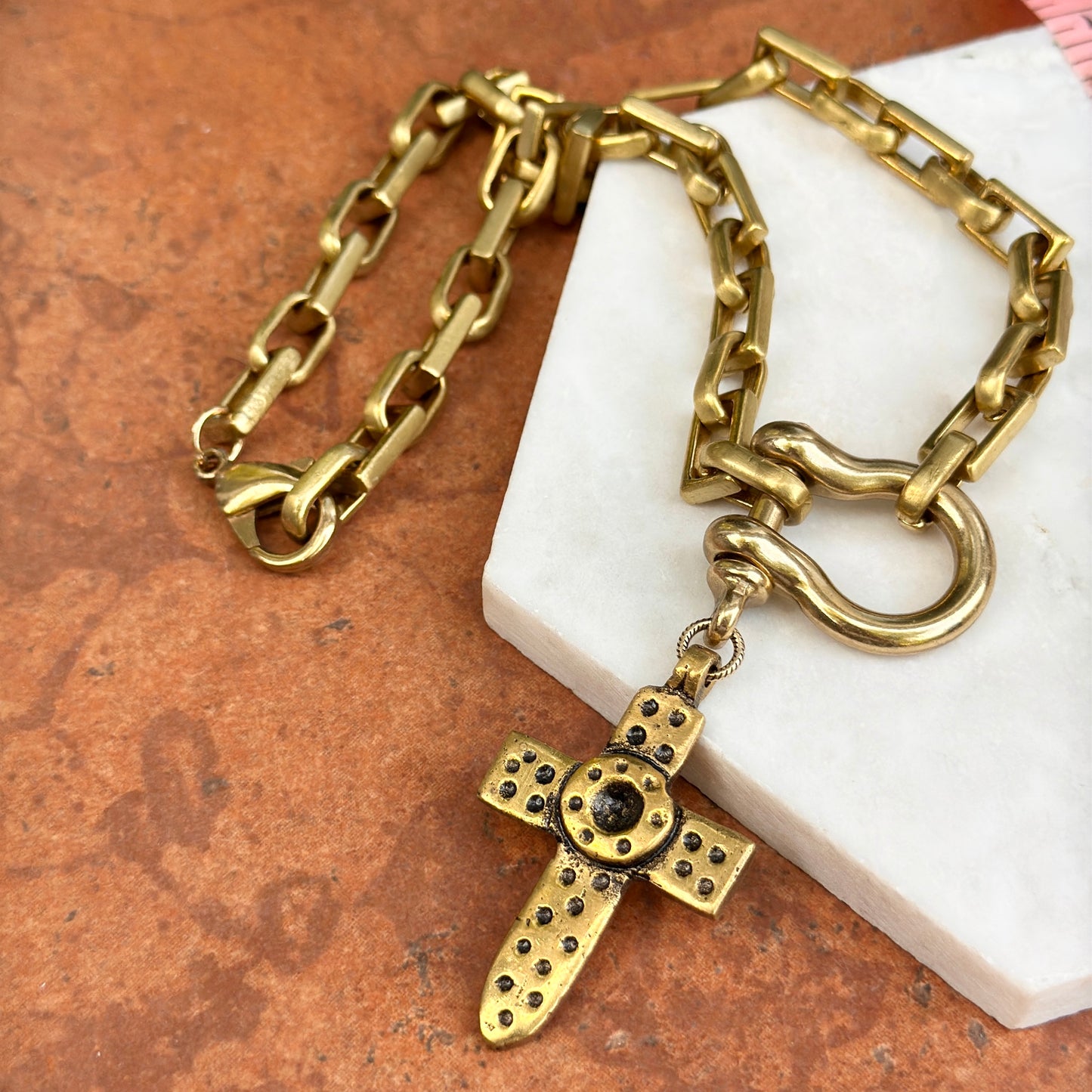 Yellow-Tone Link Cross + Shackle Dangle Necklace