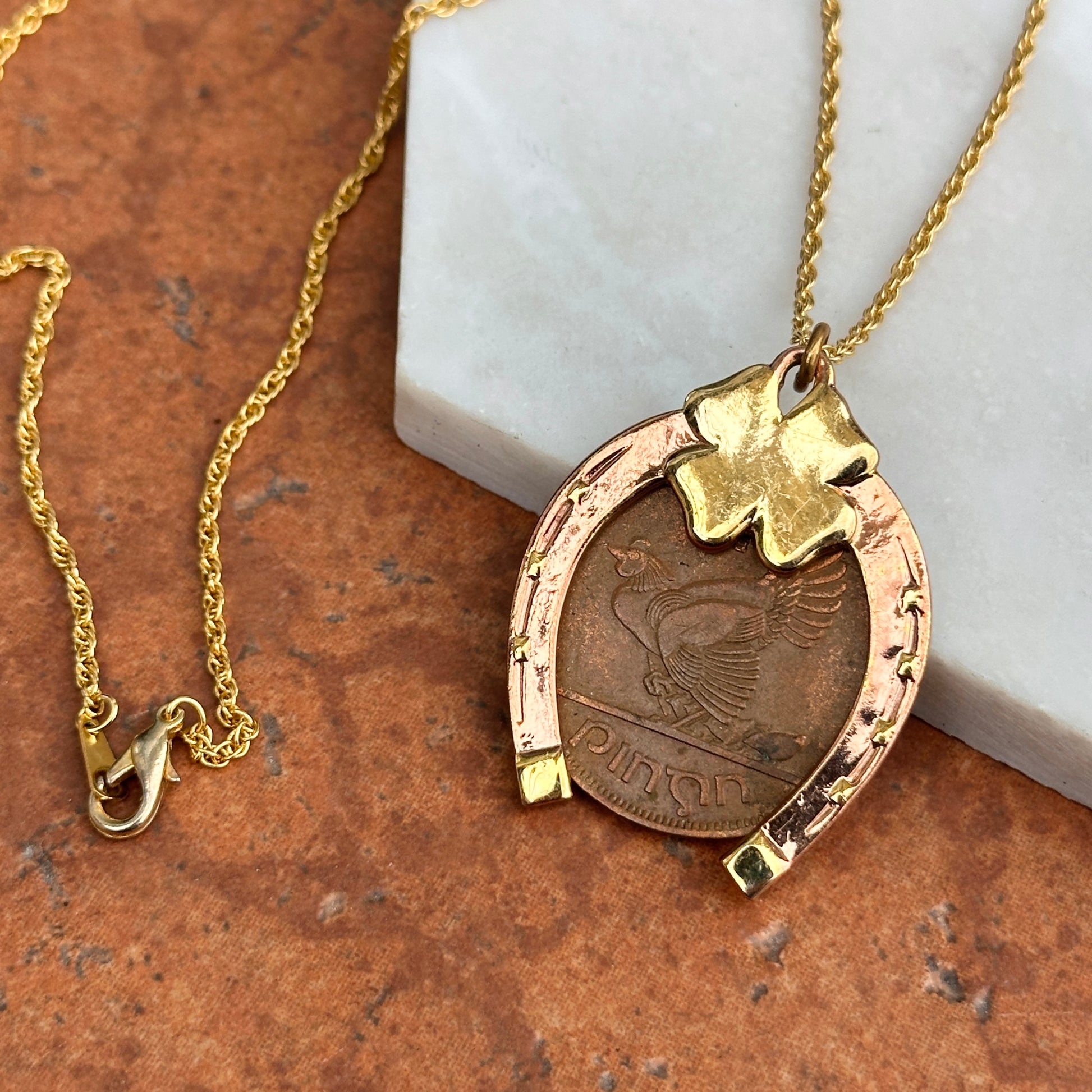 Copper Horseshoe and 4 Leaf Clover with 1964 Erie Harp Hen Irish Coin Necklace - LSJ