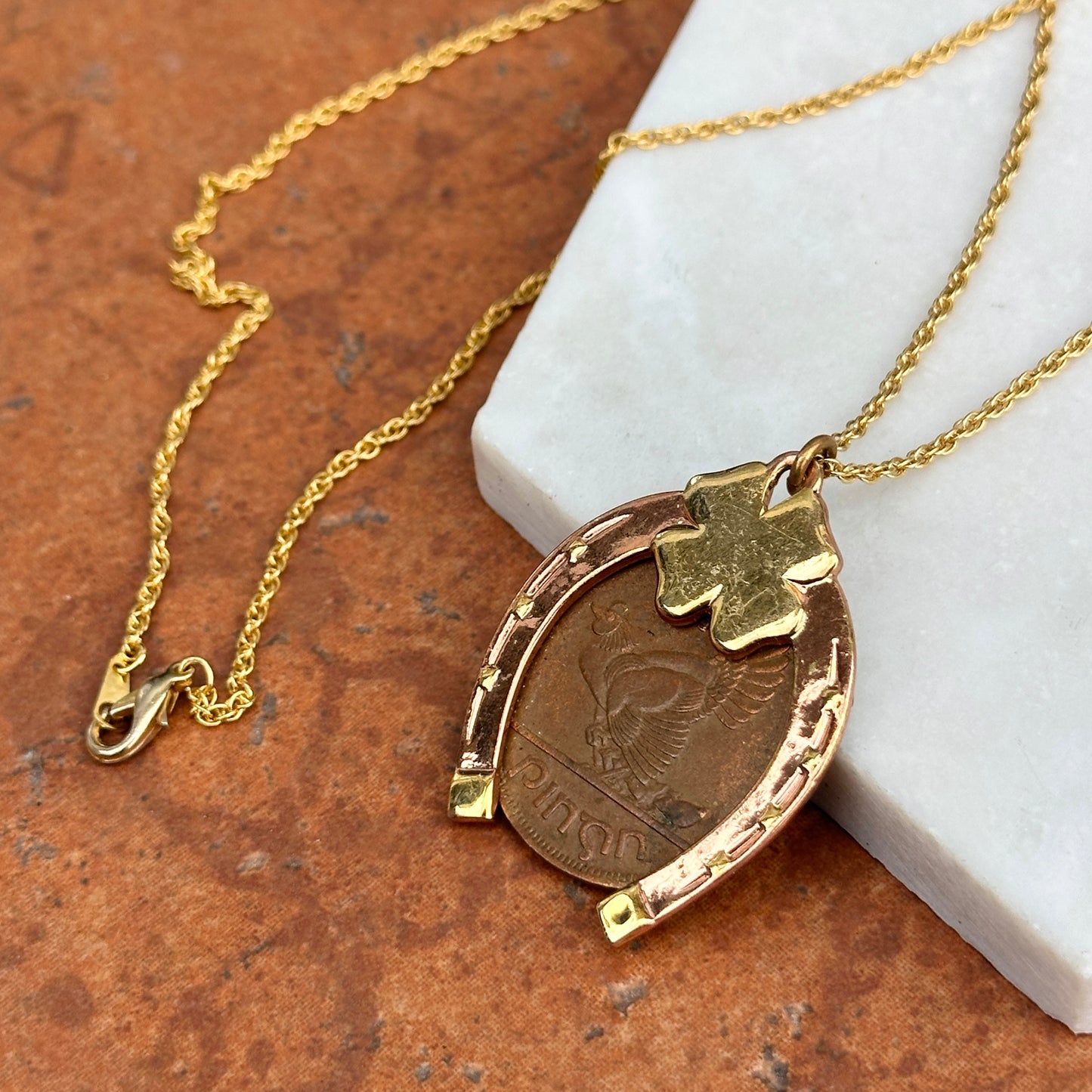 Copper Horseshoe and 4 Leaf Clover with 1964 Erie Harp Hen Irish Coin Necklace - LSJ