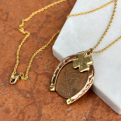 Copper Horseshoe and 4 Leaf Clover with 1964 Erie Harp Hen Irish Coin Necklace - LSJ