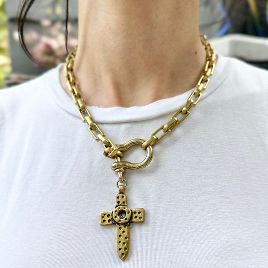 Yellow-Tone Link Cross + Shackle Dangle Necklace