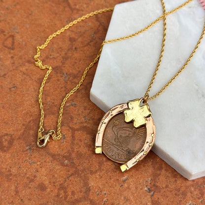 Copper Horseshoe and 4 Leaf Clover with 1964 Erie Harp Hen Irish Coin Necklace - LSJ