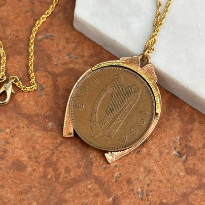 Copper Horseshoe and 4 Leaf Clover with 1964 Erie Harp Hen Irish Coin Necklace - LSJ