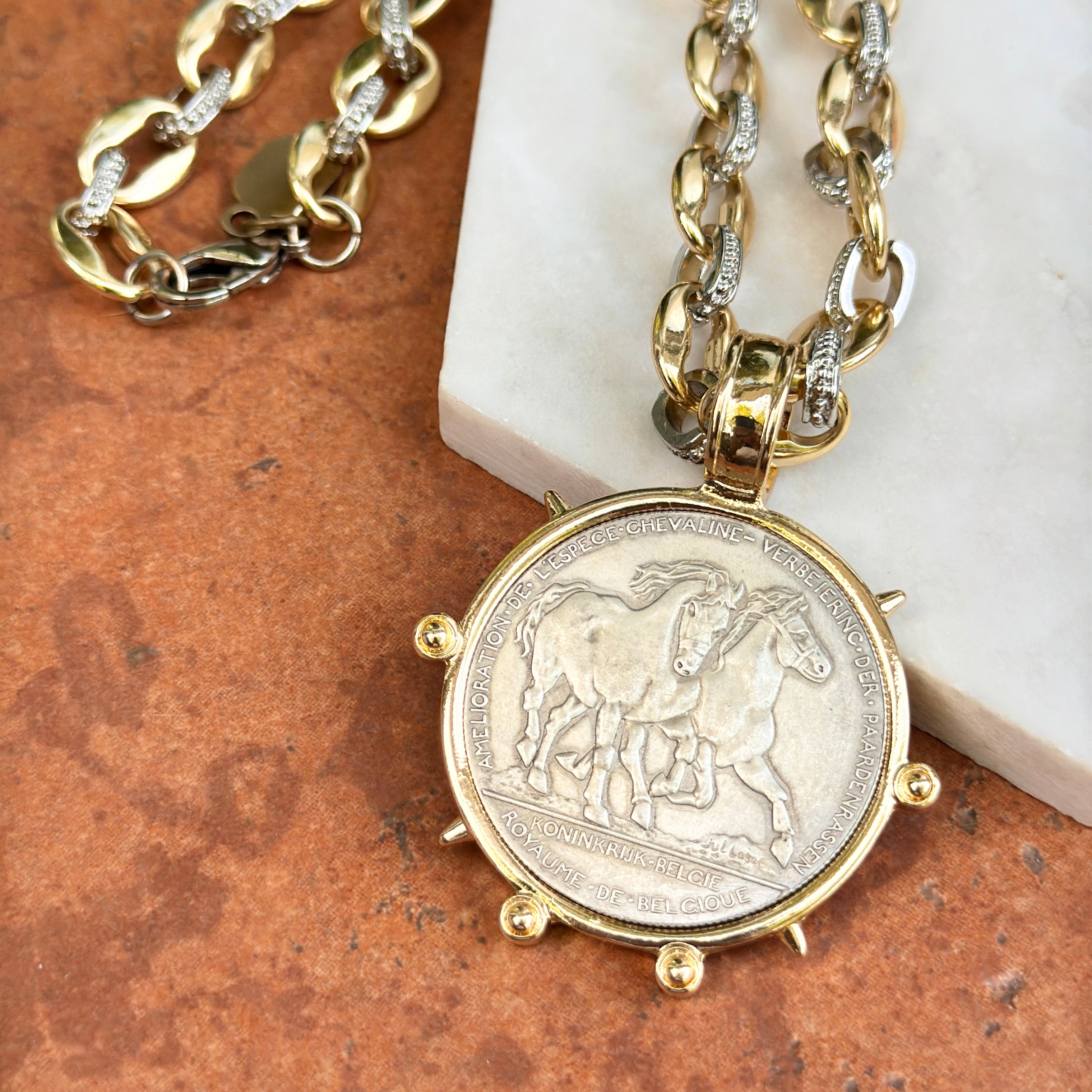 Yellow Gold-Plated + Silver Tone Link Hainaut 1906 Horse Coin