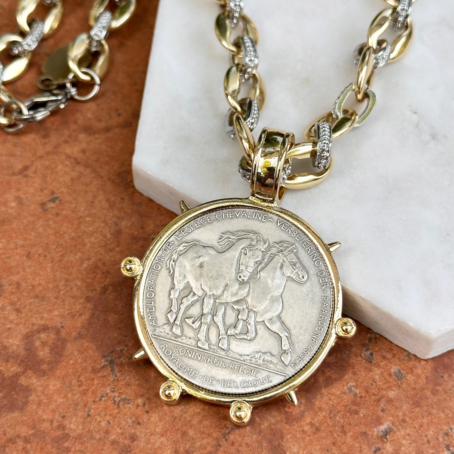 Yellow Gold-Plated + Silver Tone Link Hainaut 1906 Horse Coin Necklace