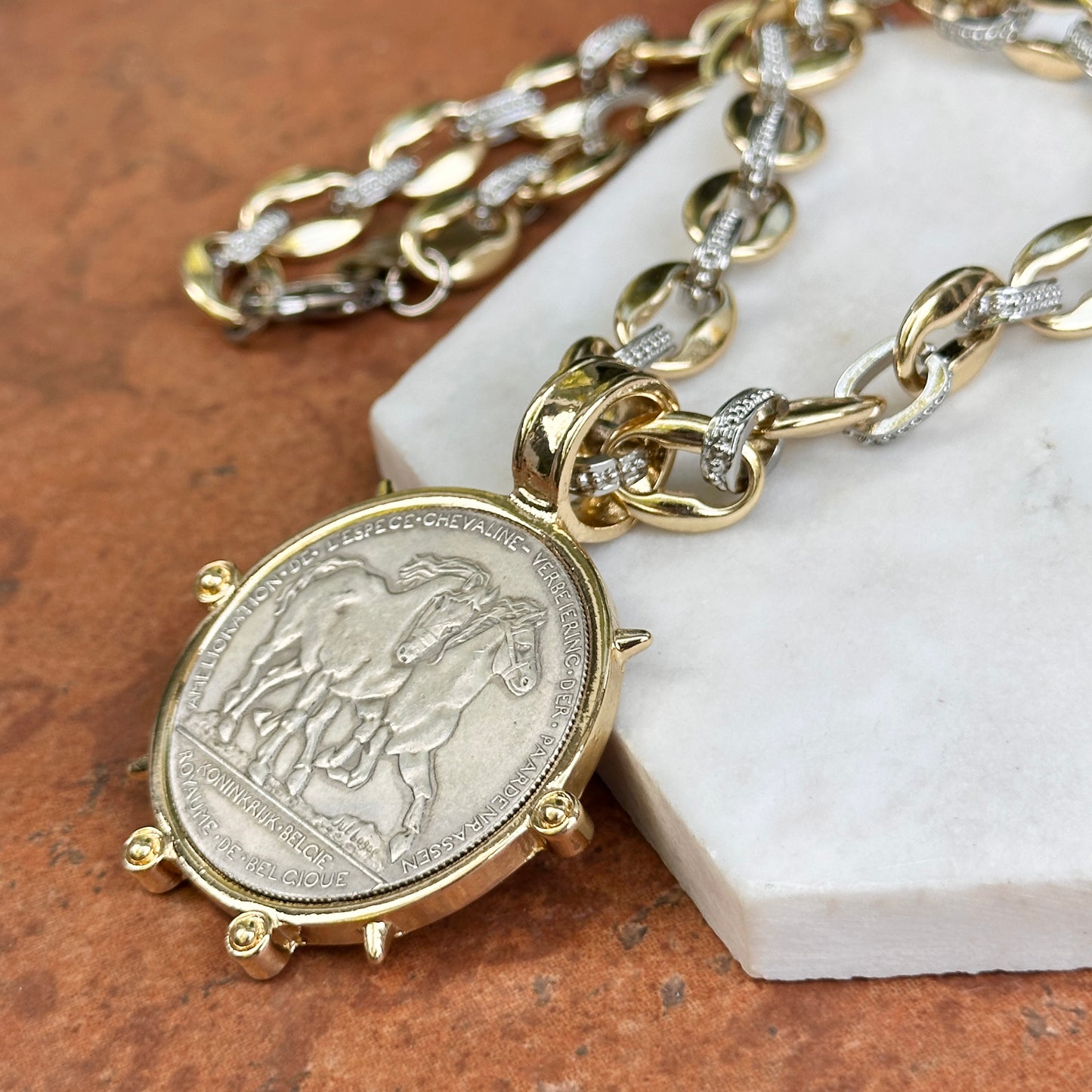 Yellow Gold-Plated + Silver Tone Link Hainaut 1906 Horse Coin Necklace