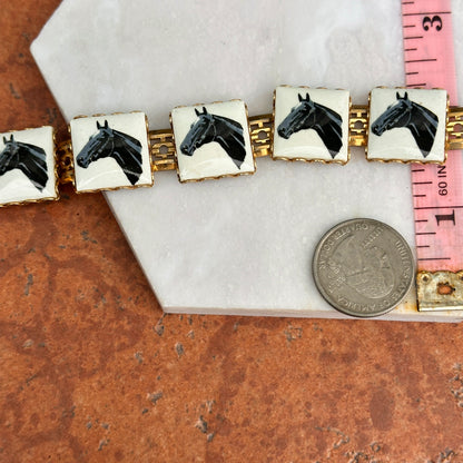 Estate Yellow Tone Square Enamel Horse Head Panel Bracelet 7.25''