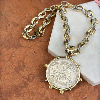 Yellow Gold-Plated + Silver Tone Link Hainaut 1906 Horse Coin Necklace