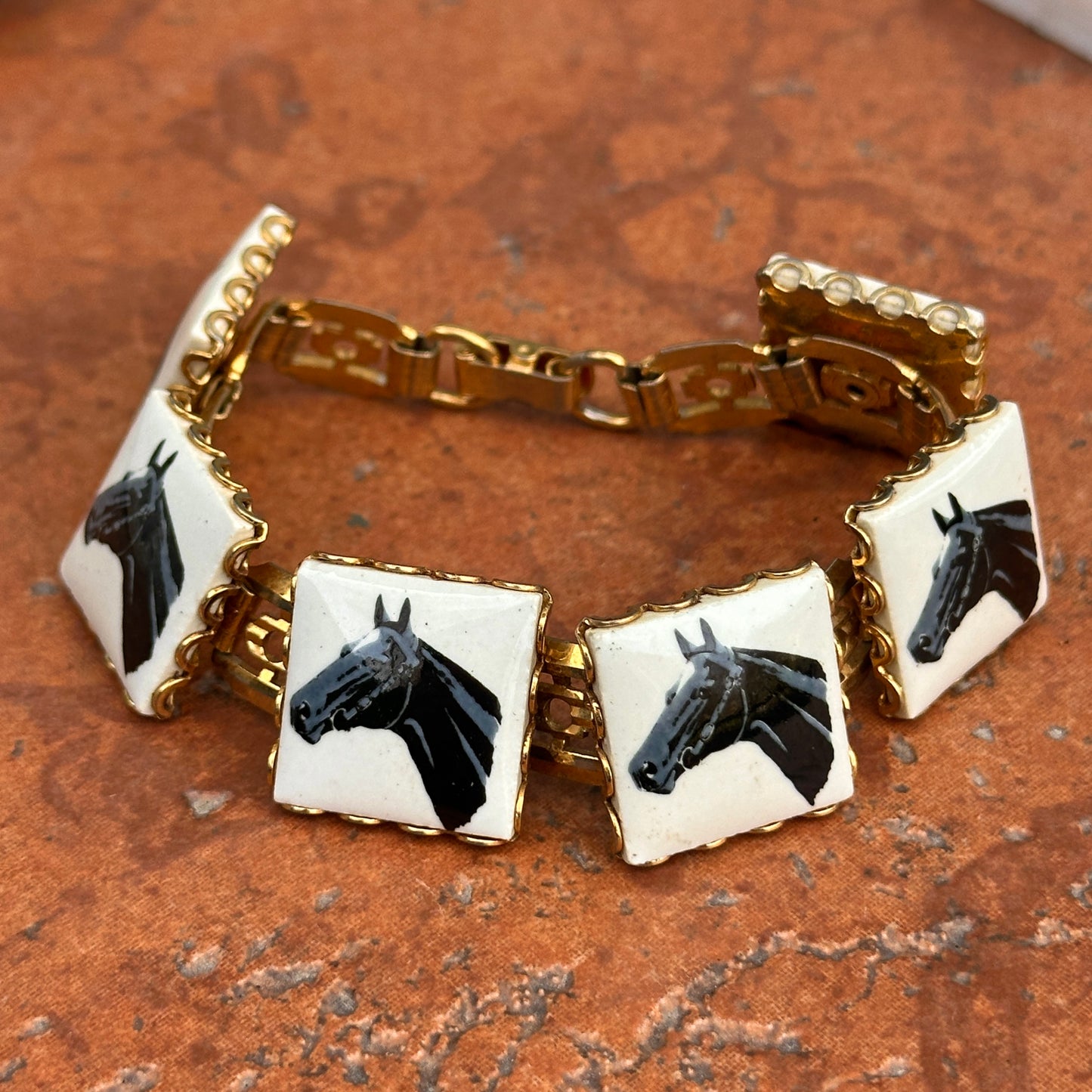 Estate Yellow Tone Square Enamel Horse Head Panel Bracelet 7.25''