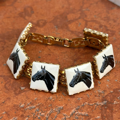 Estate Yellow Tone Square Enamel Horse Head Panel Bracelet 7.25''