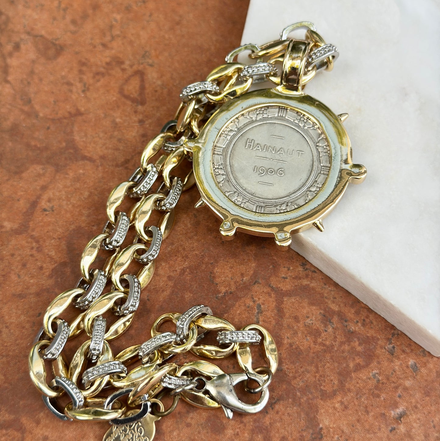 Yellow Gold-Plated + Silver Tone Link Hainaut 1906 Horse Coin Necklace