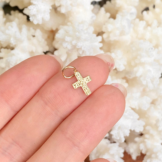 14KT Yellow Gold MINI Shiny Floral Cross Pendant Charm