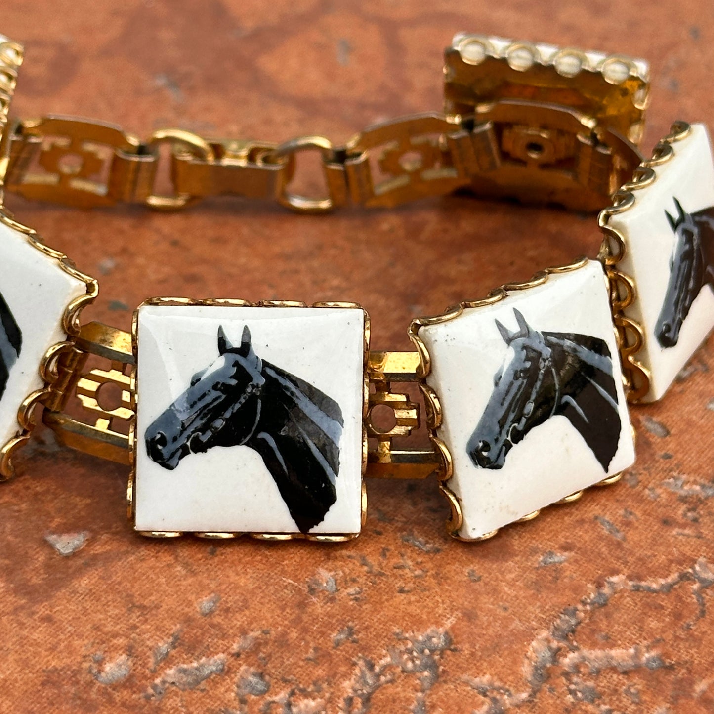 Estate Yellow Tone Square Enamel Horse Head Panel Bracelet 7.25''