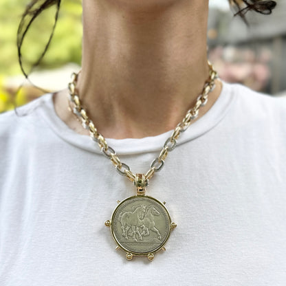 Yellow Gold-Plated + Silver Tone Link Hainaut 1906 Horse Coin Necklace