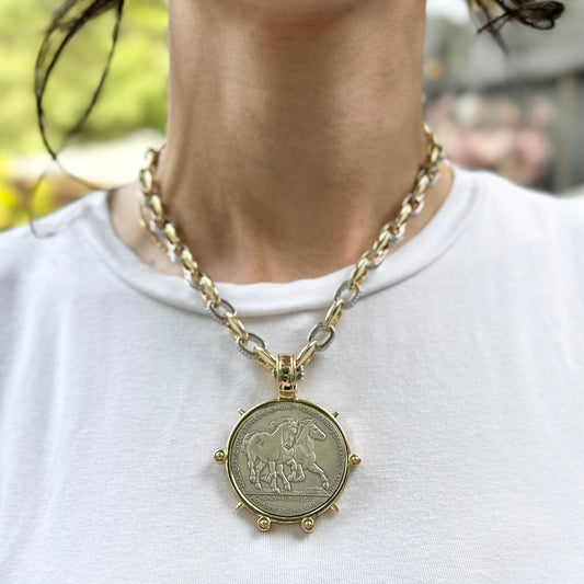 Yellow Gold-Plated + Silver Tone Link Hainaut 1906 Horse Coin Necklace