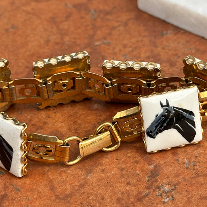 Estate Yellow Tone Square Enamel Horse Head Panel Bracelet 7.25''