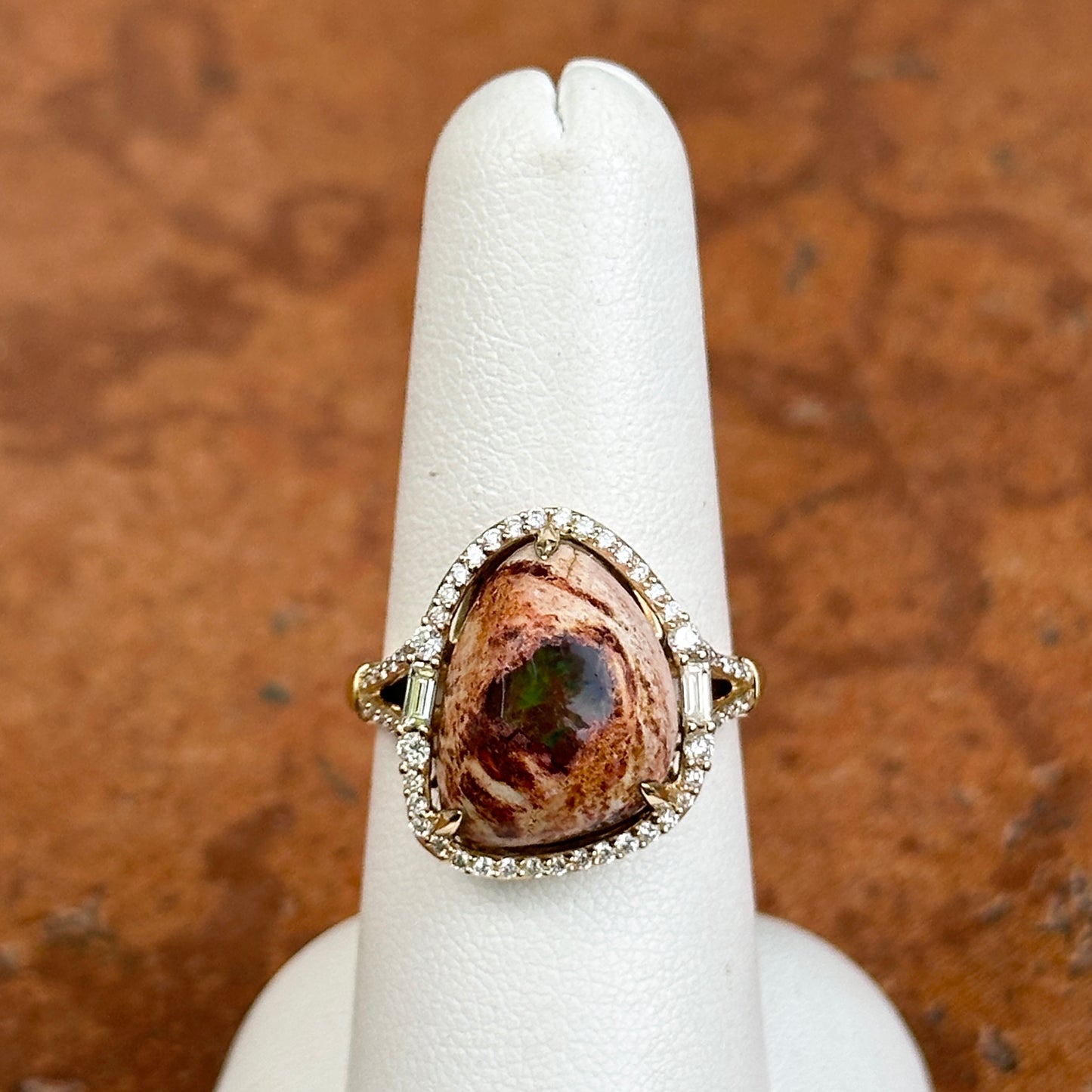 18KT Yellow Gold Dragons Egg Opal Baguette + Round Diamond Ring