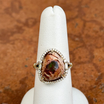 18KT Yellow Gold Dragons Egg Opal Baguette + Round Diamond Ring