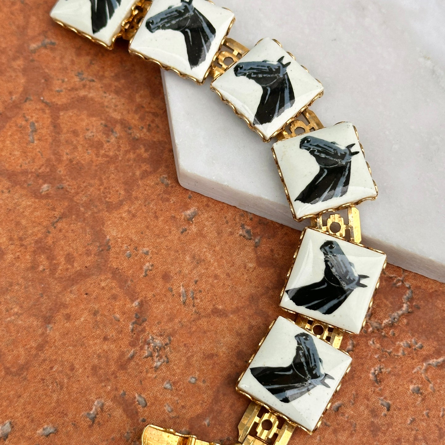 Estate Yellow Tone Square Enamel Horse Head Panel Bracelet 7.25''