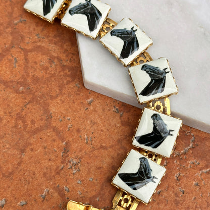 Estate Yellow Tone Square Enamel Horse Head Panel Bracelet 7.25''
