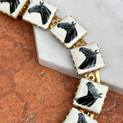Estate Yellow Tone Square Enamel Horse Head Panel Bracelet 7.25''