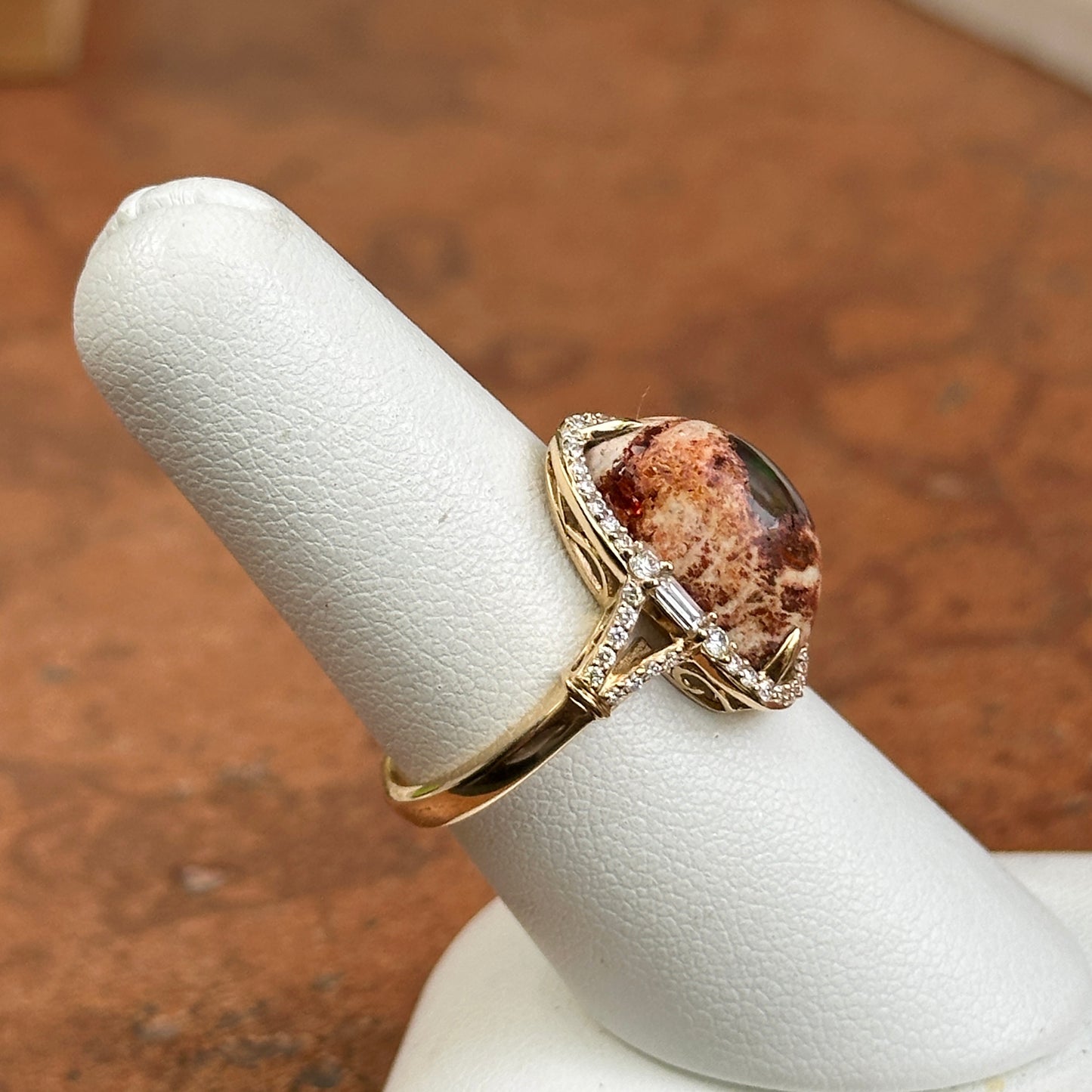 18KT Yellow Gold Dragons Egg Opal Baguette + Round Diamond Ring