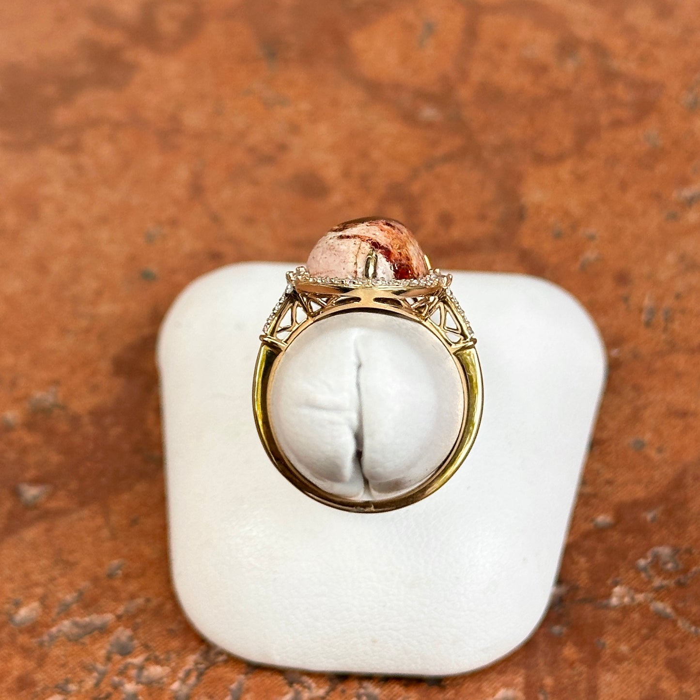 18KT Yellow Gold Dragons Egg Opal Baguette + Round Diamond Ring