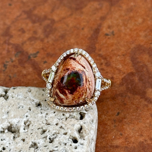 18KT Yellow Gold Dragons Egg Opal Baguette + Round Diamond Ring