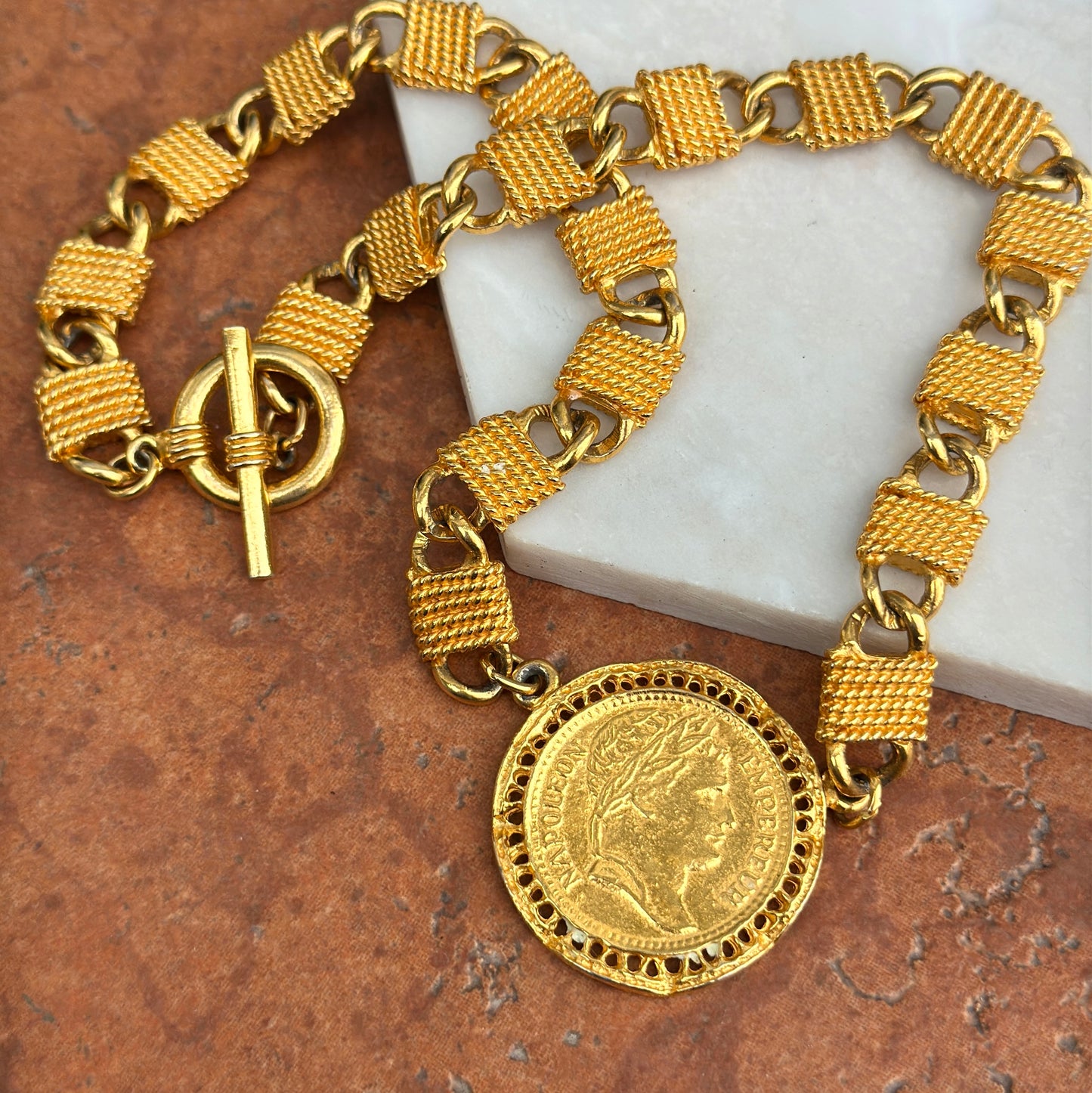 Estate Gold-Tone Napoleon Replica Coin Oval Wrapped Link Necklace + Toggle