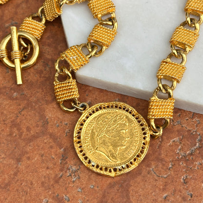 Estate Gold-Tone Napoleon Replica Coin Oval Wrapped Link Necklace + Toggle
