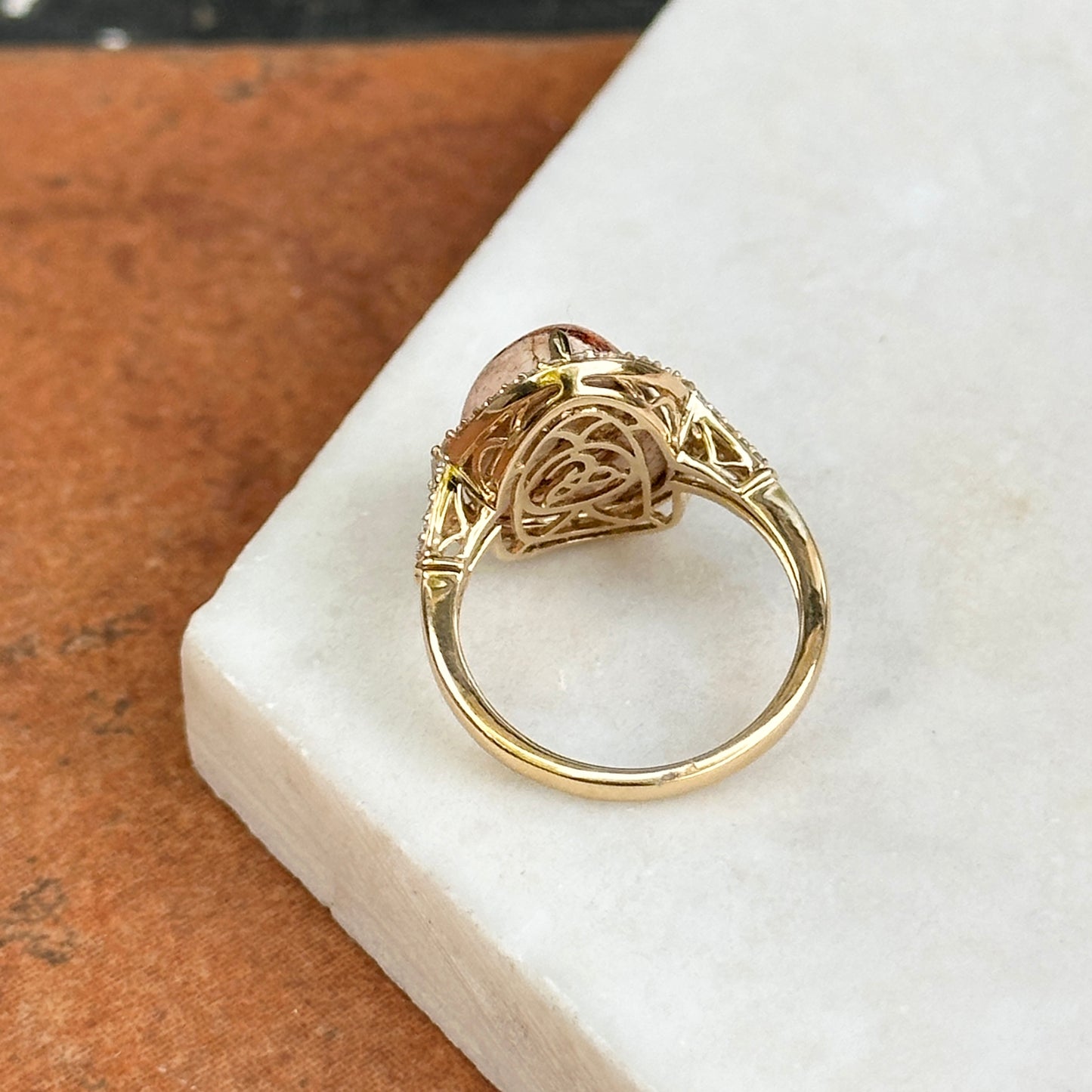 18KT Yellow Gold Dragons Egg Opal Baguette + Round Diamond Ring