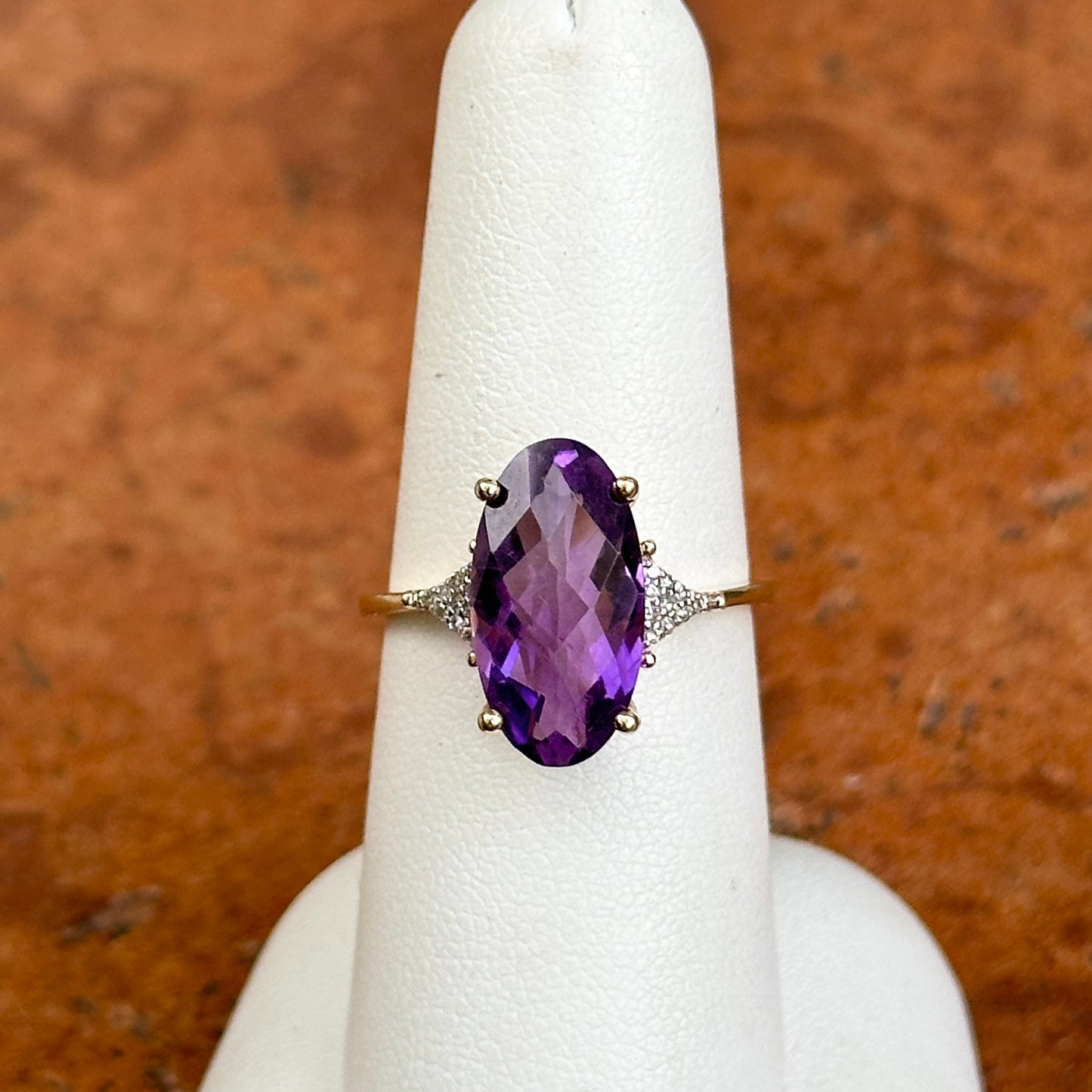 14KT Yellow Gold Oval Checkerboard Cut Amethyst + Round Diamond Ring