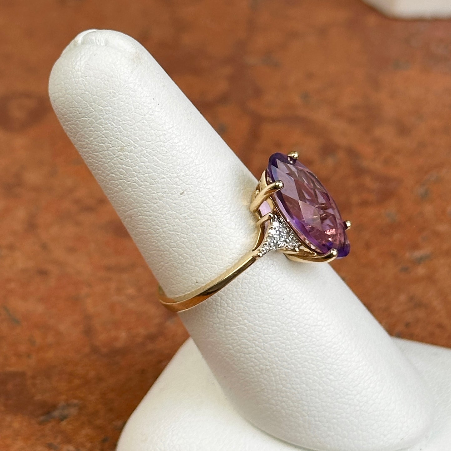 14KT Yellow Gold Oval Checkerboard Cut Amethyst + Round Diamond Ring