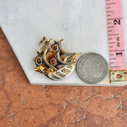 Estate Yellow, White and Black Tone Spanish Damascene Galleon Ship Pin Brooch